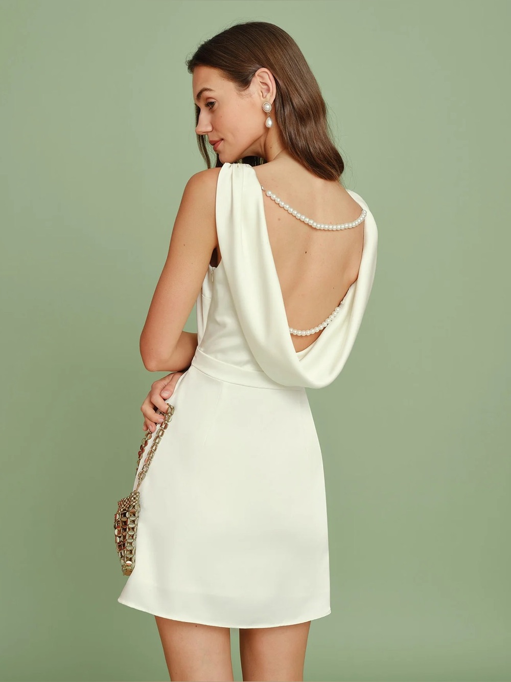 Rihoas Apricot Boat Neck Pearl Mini Dress